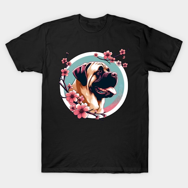 Mastiff's Joyful Spring Among Cherry Blossoms T-Shirt by ArtRUs